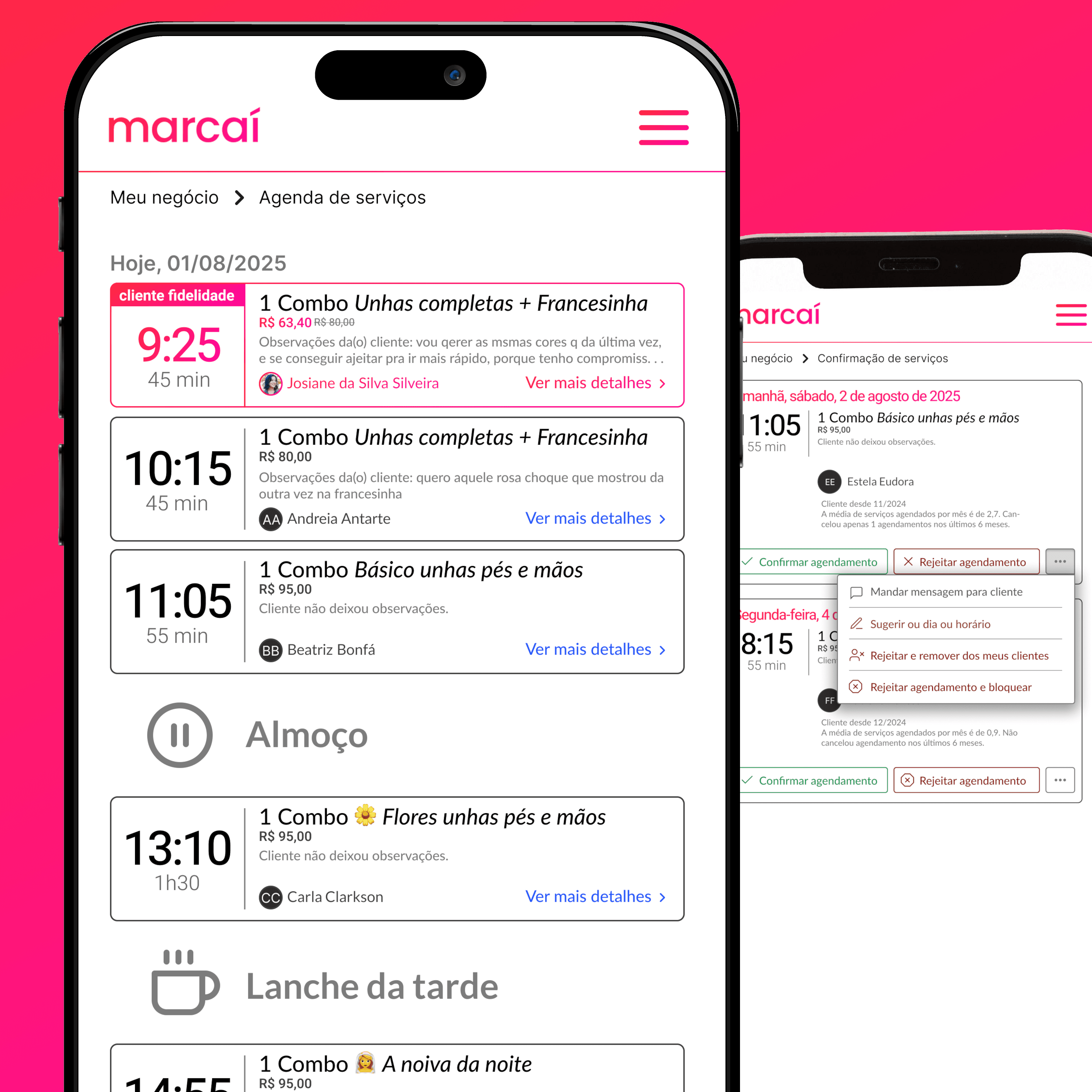 Protótipo de 2 telas da aplicação Marcaí: agenda do dia e tela de confirmação de serviços